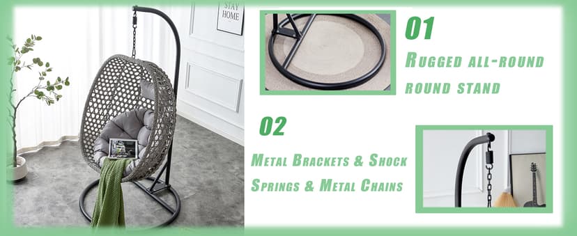 Egg Swing Chair Outdoor with Stand, Hanging Egg Rattan Basket Chair with Cushion and Pillow, Lounge Chairs, Foldable Basket and Metal Stand for Porch, Patio, Bedroom, Balcony,Yard (Grey)