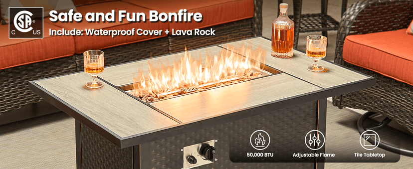 ovios 7 Pieces Patio Furniture Set, Outdoor Wicker Sofa Couch with Swivel Chairs 42" Fire Pit Table, All Weather High Back Modern Conversation Sets, Brown Rattan, Orange Red