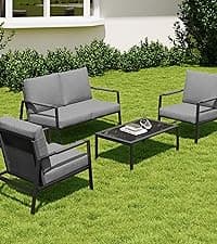 EAST OAK 5 Seats Patio Furniture Set, Waterproof Outdoor Patio Furniture with Thick Cushion, 4-Piece Outside Conversation Set with Coffee Table for Garden and Yard, Misty Grey