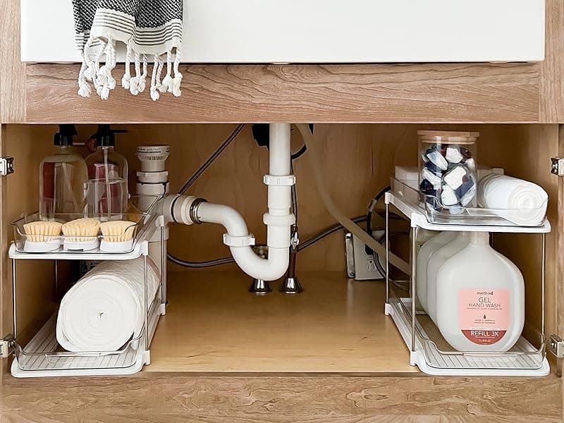 Delamu 2 Sets of 2-Tier Multi-Purpose Bathroom Under Sink Organizers and Storage, Stackable Kitchen Pantry Organization, Pull Out Medicine Cabinet Organizer with 8 Movable Dividers