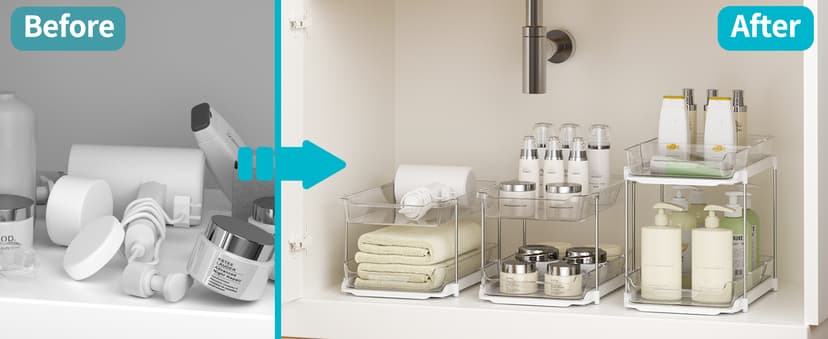 Delamu 2 Sets of 3-Tier Bathroom Under Sink Organizers and Storage, Multi-Purpose Stackable Pantry Organization and Storage, Pull Out Clear Kitchen Bathroom Cabinet Organizer with Movable Dividers