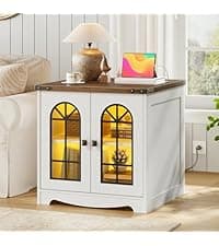 HOOBRO Farmhouse End Table with Charging Station, 23.6" Large End Tables for Living Room, Sofa Side Table with Barn Door, Wooden Square Nightstand Bedside Table, Flip Top, White and Walnut WH601UBZ01