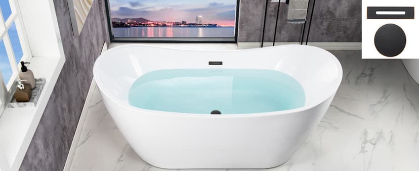 WOODBRIDGE 67" Acrylic Freestanding Bathtub Contemporary Soaking White Tub with Brushed Gold Overflow and Drain,B0010-BG