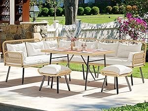YITAHOME Patio Wicker L-Shaped Furniture Set, All-Weather Rattan Outdoor Conversation Sofa Set for Backyard Deck with Soft Cushions,Ottomans and Plastic Wood Dining Table (Light Brown+Black)