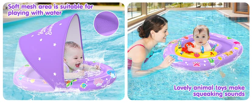 EZIGO Baby Pool Float with Canopy UPF 50+ Sun Protection, Double Air Chambers Infants Swimming Floats with Sound Toys Adjustable Safety Seat Toddler Float for Boys and Girls 6-36 Months