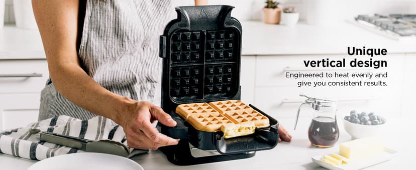 Ninja BW1001 NeverStick PRO Belgian Waffle Maker, Vertical Design, 5 Shade Settings, with Precision-Pour Cup & Chef-curated Recipe Guide, Black & Silver
