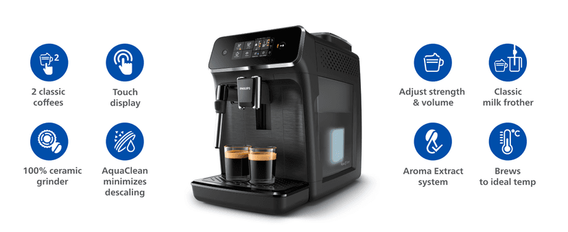 PHILIPS 2200 Series Fully Automatic Espresso Machine, Classic Milk Frother, 2 Coffee Varieties, Intuitive Touch Display, 100% Ceramic Grinder, AquaClean Filter, Aroma Seal, Black (EP2220/14)
