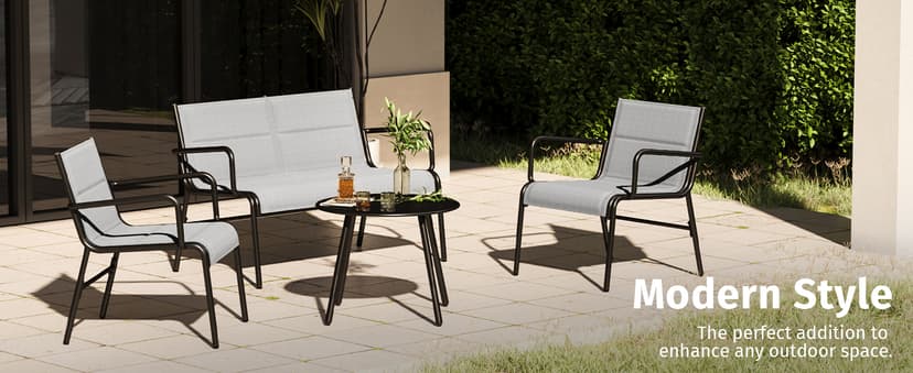 EAST OAK 4 Seats Outdoor Furniture Set, Waterproof Patio Furniture Set, Patio Loveseat with Coffee Table for Porch or Garden, 4-Piece Patio Conversation Sets for Balcony, Upgrade Grey