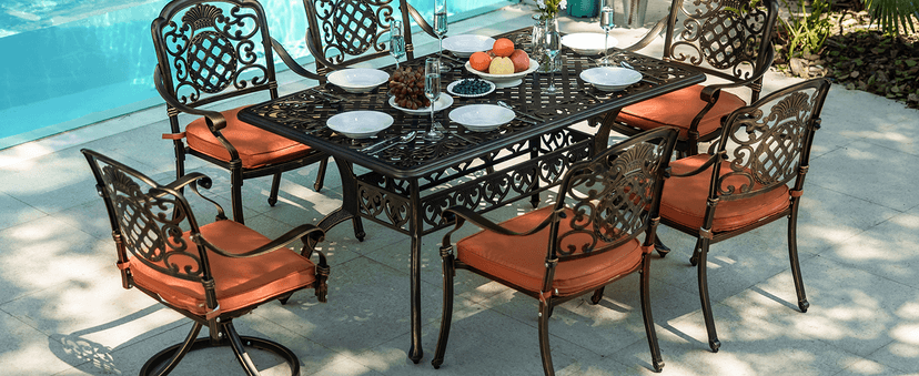 7-Piece Patio Furniture Dining Set, All-Weather Cast Aluminum Outdoor Table and Chairs for 6, Includes 4 Fixed Chairs & 2 Swivel Chair & 60’’ Rectangular Dining Table, Red