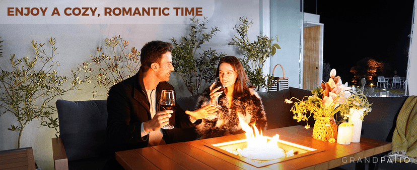 Grand patio 4-Piece Outdoor Furniture Set with Gas Fire Pit Table, Aluminum Patio Sofa Set for 8 with Faux Wood Grain Finish, Modern Patio Couch Sofa with Outdoor Bench and Chaise for Backyard