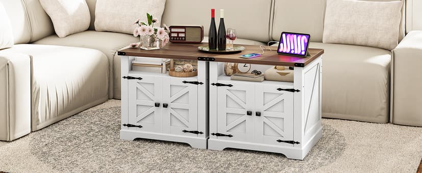 HOOBRO Farmhouse End Table with Charging Station, 23.6" Large End Tables for Living Room, Sofa Side Table with Barn Door, Wooden Square Nightstand Bedside Table, Flip Top, White and Walnut WH601UBZ01