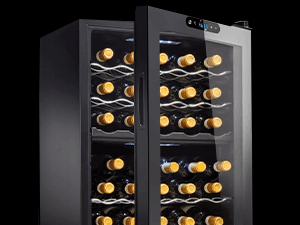 Wine Enthusiast 32-Bottle Dual Zone MAX Compressor Wine Cooler – Freestanding Mini Fridge with Digital Touchscreen, LED Display, Split Storage for Red & White Wines, Matte Black Refrigerator Home Bar
