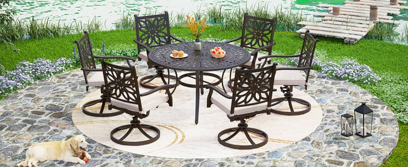 PHI VILLA Cast Aluminum Patio Dining Set for 6 Person, 7 Piece Outdoor Patio Set with 54" Dia Cast-Top Aluminum Table(2.1" Umbrella Hole) and 6 Swivel Rockers Dining Chairs with Seat Cushions