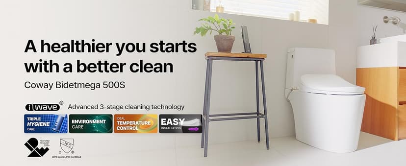 Coway Electronic Bidet Elongated Toilet Seat with Instantaneous Water Heating, Heated Seat and Dryer, Auto Open and Close Lid, Night Light, Deodorizer, Stainless Nozzle, Remote Control 500S