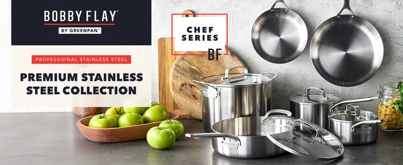 GreenPan x Bobby Flay 10 Piece Stainless Steel Cookware Set, Tri-Ply Multiclad Pots & Pans, Professional Grade, Oven & Broiler Safe to 600°F, Dishwasher Safe, Durable, Induction Compatible, Silver