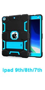 CCMAO iPad 9th Generation Case, iPad 8th/7th Generation Case, iPad 10.2 2021/2020/2019 Case with Kickstand, Heavy Duty Shockproof Hybrid Three Layer Protective Cover for Kids Boy Girl, Black+Sky Blue