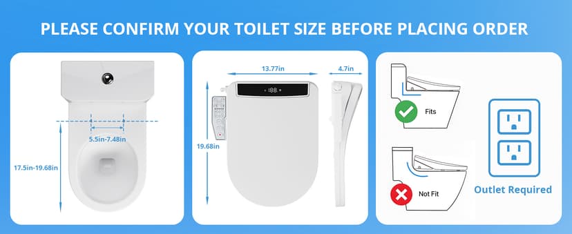 Electric Smart Bidet Toilet Seat Elongated with 4 Water Modes, Heated Toilet Seat with Instant Warm Water and Warm Dryer, Night Light, Slow Close Lid, LED Display, Side Arm Control (Round)