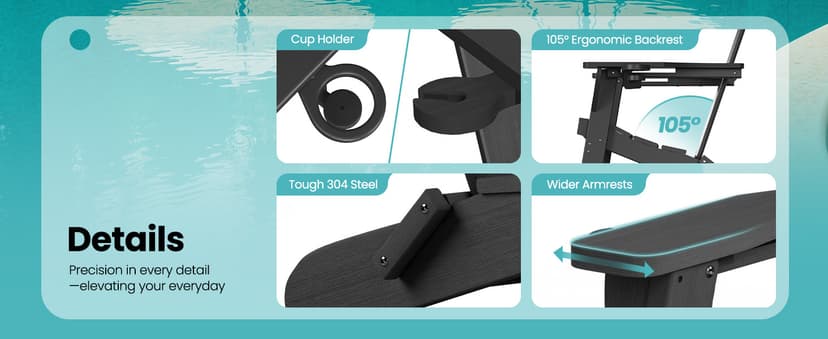 Folding Adirondack Chair 6 Pack, HDPE All-Weather Fire Pit Chairs, Plastic Adirondack Chairs with 2 Cup Holder, Outdoor Lawn Chair for Patio Garden (Teak)