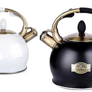 SUSTEAS Stove Top Whistling Tea Kettle - Food Grade Stainless Steel Teakettle Teapot with Cool Touch Ergonomic Handle, With 1 Silicone Pinch Mitt Included, 2.64 Quart(BLACK)