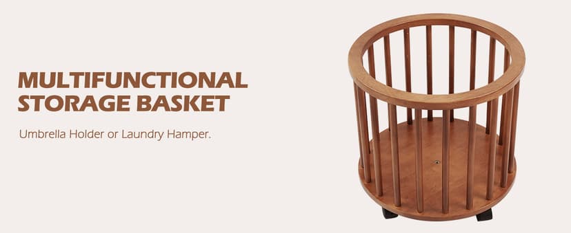 CozyDH Solid Wood Coat Rack Freestanding with Lockable 360° Rotary Casters, Coat Tree Stand with Umbrella Holder & Laundry Basket Storage & 12 Hooks, Walnut