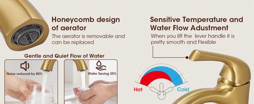 Brushed Gold Single Hole Bathroom Faucets, Single Handle Brass Bathroom Sink Faucet for 1 or 3 Holes, Vanity Faucet with Pop Up Drain and Supply Lines, Deck Plate