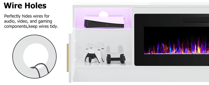 Lemberi Fireplace tv Stand with 36 inch Fireplace Up to 80" TVs,LED Light Entertainment Center and Storage, 70" Modern Wood Media TV Console with Highlight Cabinet for Living Room (White)