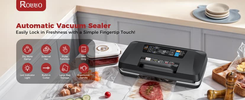 95kpa Vacuum Sealer Machine,Commercial Full Automatic Food Sealer,Powerful Sealing System with Double Heat Seal,Built-in Cutter&Bags Storage,1 Bag Rolls and 10 pcs Pre-cut Bags