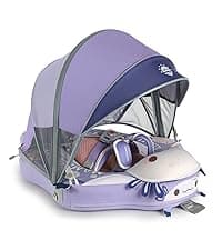 MAMBOBABYFLOAT Light Traveler 2025 — Safe, Comfortable, Adjustable Baby Pool Float with Canopy — Sun Protection, Self-Inflating, 5-Way Buckle System (Hot Air Balloon, Pink)