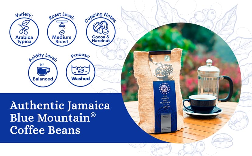 Cafe Blue 100% Authentic Jamaica Blue Mountain Medium Roast Whole Bean Premium Arabica Coffee, 16 Ounces (1 Pound, 454 Grams)