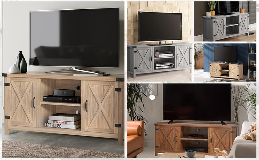 YESHOMY Modern Farmhouse TV Stand with Two Barn Doors and Storage Cabinets for Televisions up to 65+ Inch, Entertainment Center Console Table, Media Furniture for Living Room, 58 Inch, Gray Wash