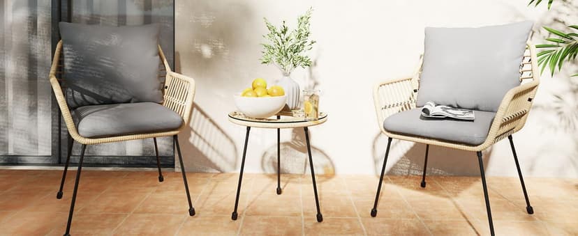 3 Pieces Outdoor Bistro Set, Bistro Set Outdoor with Glass Top Table, Patio Wicker Furniture Set 3 Piece, Rattan Conversation Set for Balcony, Lawn, Garden, Backyard, Poolside, Beige