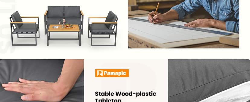 Pamapic 4 Pieces Outdoor Patio Furniture Set, Modern Metal Balcony Furniture with Plastic-Wood Coffee Table, All-Weather Patio Conversation Set with Thick Cushion for Balcony, Porch, Gray