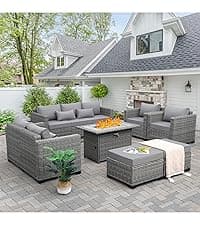 Rattaner 7-Piece Outdoor Furniture Sets Patio Furniture Set with 45-inch Fire Pit Patio Couch Outdoor Chairs 60000 BTU Propane Fire Pit Table with Non-Slip Cushions Waterproof Covers, Light Grey
