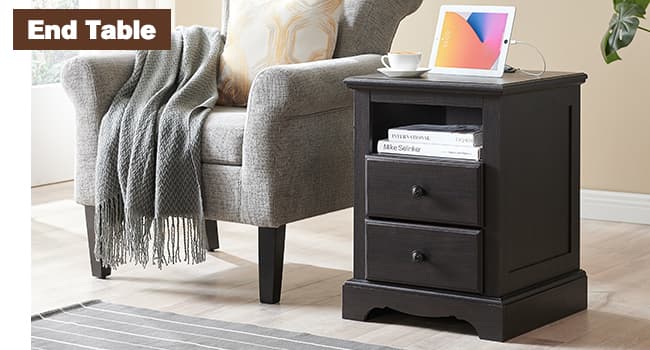 T4TREAM Nightstand with Charging Station, 18 Inch Vintage End Table with 2 Drawers for Living Room, Wood Rustic Sofa Side Table with Open Storage Shelf for Bedroom, Espresso