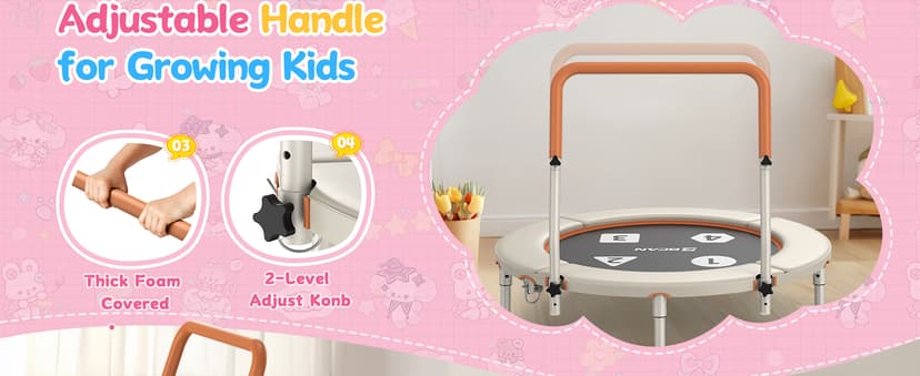 BCAN 36'' Toddler Trampoline, ASTM Certified-Foldable Mini Trampolines for Kids Ages 1-6, Adjustable Handle, Safety Pad & Foldable Legs, Baby Trampoline Indoor/Garden, Gift for Boy and Girl