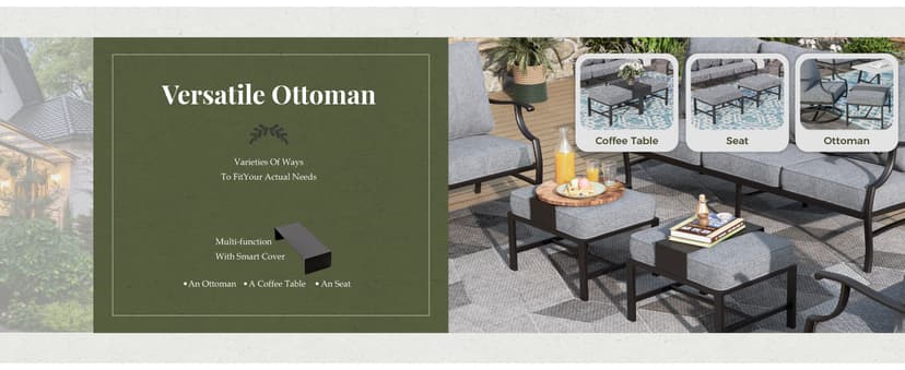 Patio Furniture Set 7 pcs, Outdoor Patio Furniture, 3-Seat Sofa, 2 Single Chairs, 2 Swivel Chairs, 2 Ottomans and 5.75" Extra Thick Cushion, Patio Conversation Set for Backyard Deck,Grey