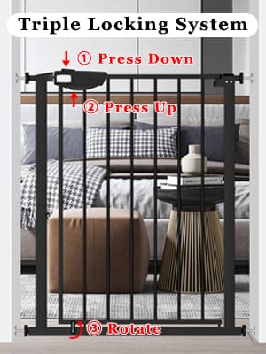 WAOWAO Triple Lock Baby Gate Extra Wide 67.32-72.04" Pressure Mounted Walk Through Swing Auto Close Safety Black Metal Dog Pet Puppy Cat for Stairs,Doorways,Kitchen