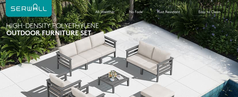 SERWALL HDPE Patio Furniture Set, 10 Pieces Outdoor Sectional Sofa Set, All-Weather Wood-Like Outdoor Sofa Couch with Coffee Table for Deck, Lawn, Grey Frame with Khaki Cushion