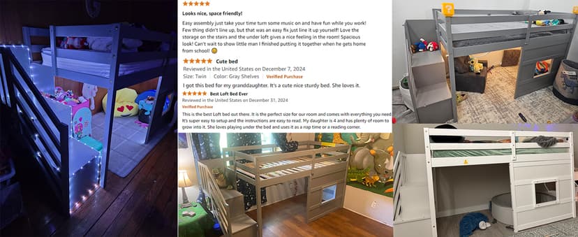 Twin Size Low Loft Bed with Stairs, Kids Loft Bed with Storage,Solid Wood Twin Loft Bed Frame for Kids, Space Saving Low Loft Bed for Boys, Girls, White