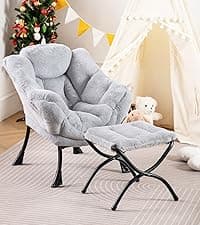 Welnow Lazy Chair with Ottoman, Modern Lounge Accent Chair with Armrests and a Side Pocket, Leisure Sofa Armchair, Reading Armchair with Footrest for Small Space, Plush Grey