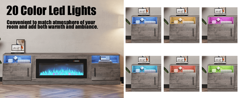 VITESSE TV Stand with 36" inch Electric Fireplace Up to 90" TVs, LED Light Entertainment Center, 80" Modern Wood High Gloss Fireplace with Highlight Storage Cabinet for Living Room (Gray)