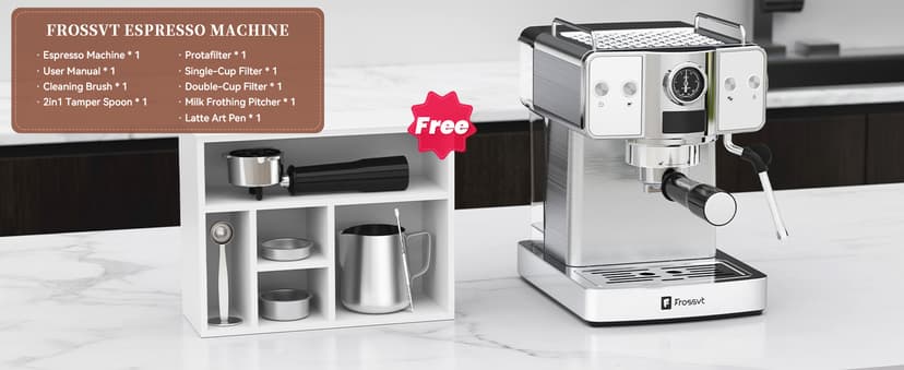 Espresso Machine 20 Bar, Milk Frother Steam Wand, 60oz (1.8 Liters) Water Tank, 1350W for Home Barista Espresso Latte Macchiato and Cappuccino Maker