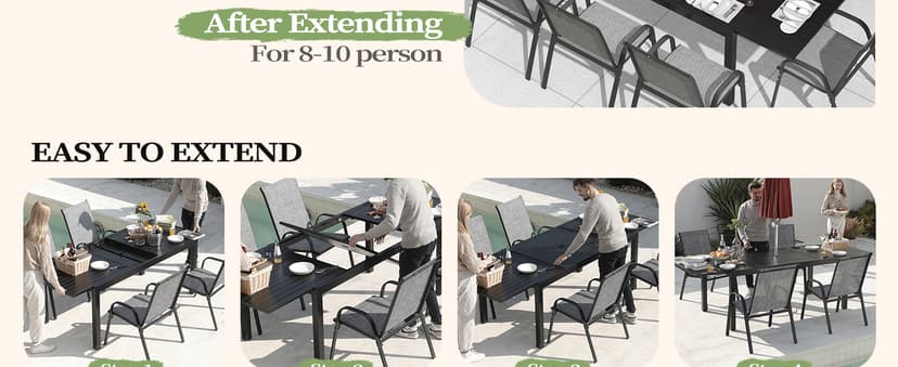 Outdoor Expandable Dining Table 71"-106" Aluminum Patio Dinner Table for 8-10 Person, Rectangular Metal Collapsible Tables with Umbrella Hole, Patio Tables with Extendable Top for Garden, Backyard