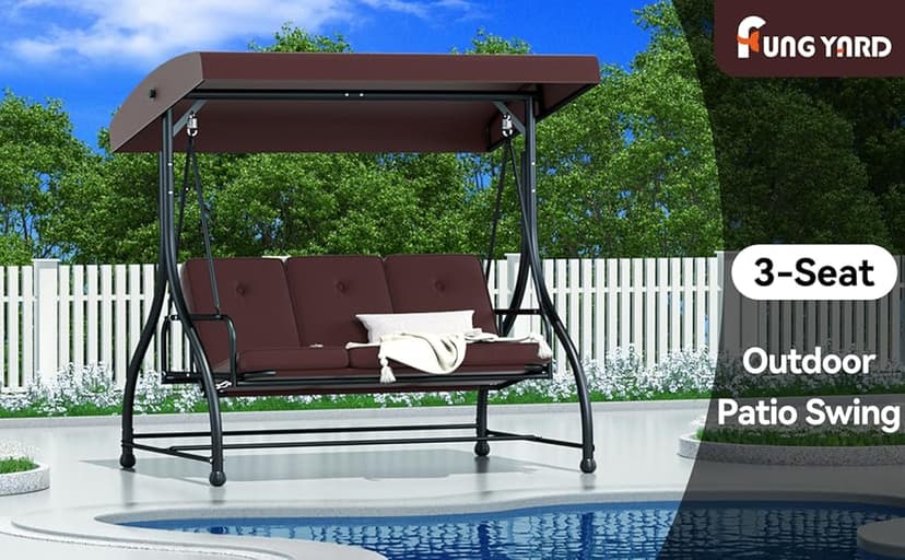 3-Seat Outdoor Patio Swing Glider - Heavy Duty Steel Frame with Adjustable Canopy & Removable Cushions - All Weather Porch Swings Chair for Backyard, Garden, Poolside - Brown