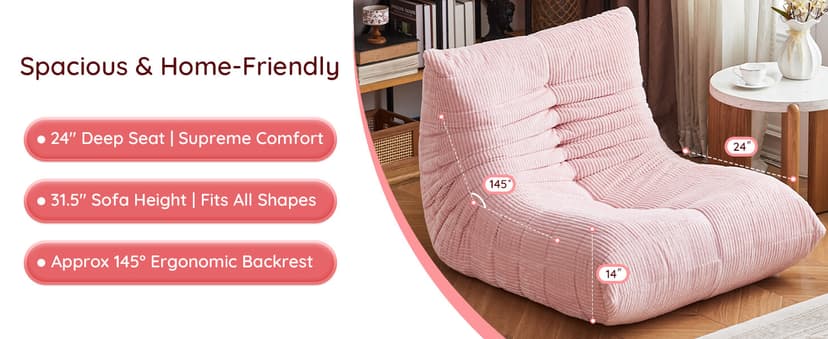 Bean Bag Chair for Adults - Large Bean Bag Chairs, Memory Foam Bean Bag with High-Rebound, Oversized Corduroy Boneless Chair, Lazy Floor Sofa for Reading Gaming Living Room Bedroom, Pink