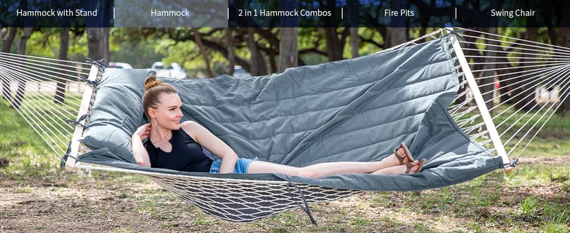 SUNCREAT Double Outdoor Hammock with Stand, Two Person Cotton Rope Hammock with Polyester Pad, Dark Gray