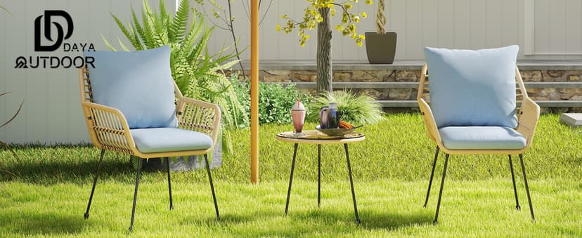 3 Pieces Outdoor Bistro Set, Bistro Set Outdoor with Glass Top Table, Patio Wicker Furniture Set 3 Piece, Rattan Conversation Set for Balcony, Lawn, Garden, Backyard, Poolside, Beige