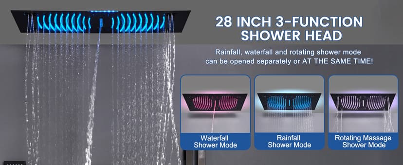 MONDAWE 28 Inch Flush-Mounted Thermostatic Shower System in Matte Black, 64 Colors LED and Bluetooth Control Music Rainfall Shower Head, Handheld Spray and Body Jets, High Pressure Shower Faucet Set