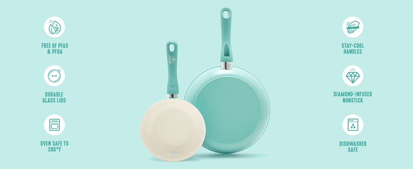 GreenLife Soft Grip 16 Piece Cookware Set, Non-Toxic PFAS-Free Ceramic Nonstick, Pots, Frying, Sauce, Saute, Glass Lids, Stay-Cool Handles, Wobble Free Bases, Dishwasher & Oven Safe, Turquoise