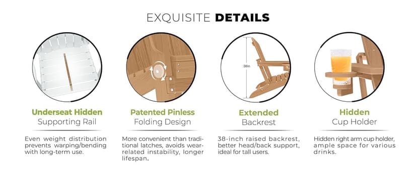 nevilywood Folding Adirondack Chair - Extended Ergonomic Backrest, Cup Holder - Easy Assembly - Durable HDPE Plastic, Weather Resistant & Maintenance-Free - Lawn, Patio, Deck Supports 400lbs Teak